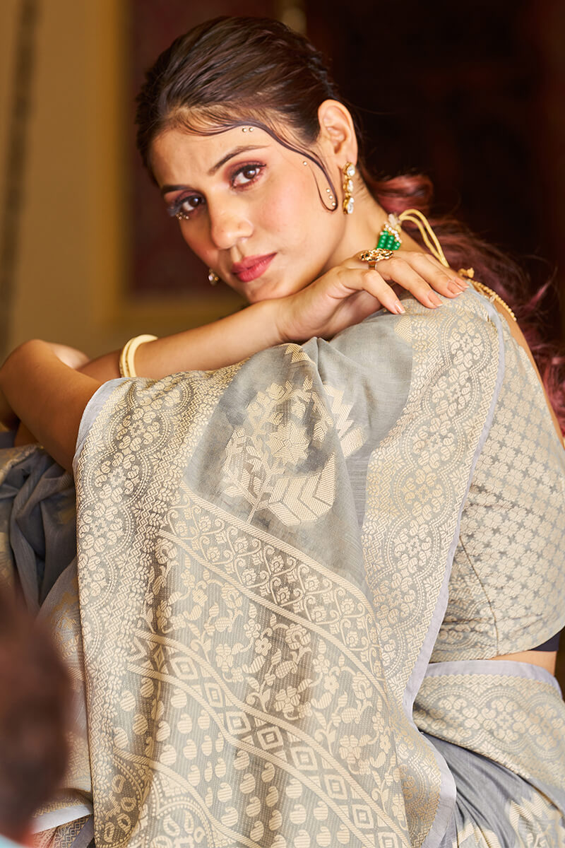 Comely Grey Linen Silk Saree With Excellent Blouse Piece Bvipul