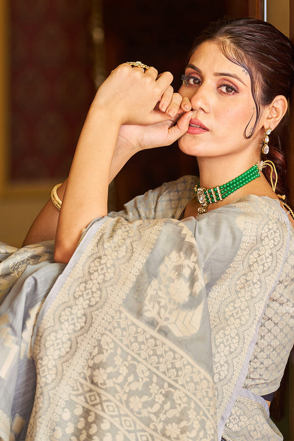 Comely Grey Linen Silk Saree With Excellent Blouse Piece Bvipul