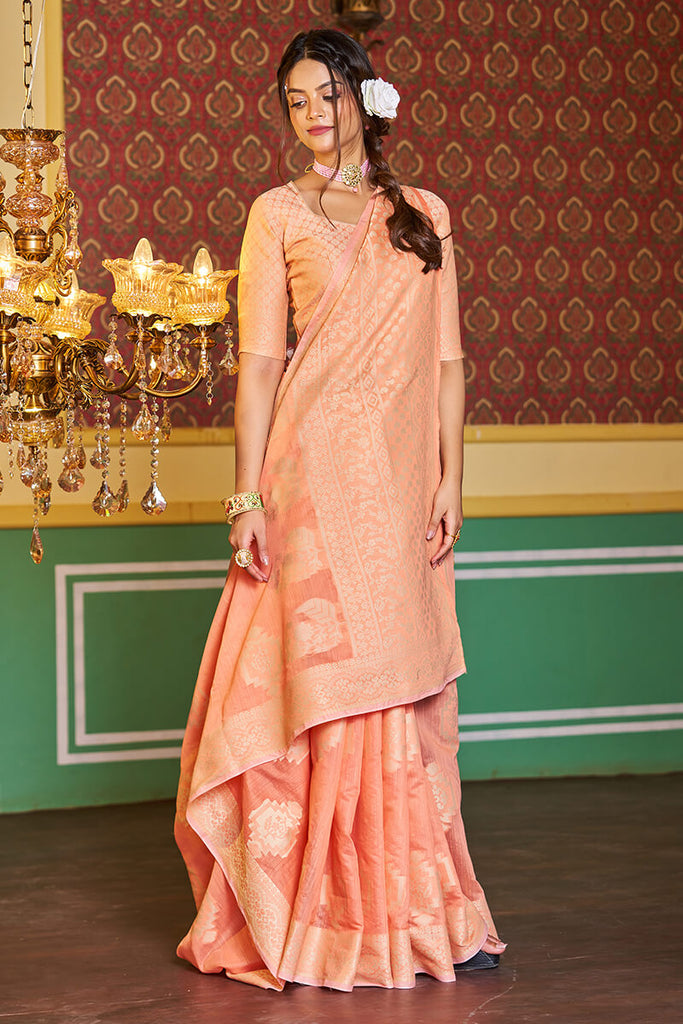 Assemblage Orange Linen Silk Saree With Beleaguer Blouse Piece Bvipul