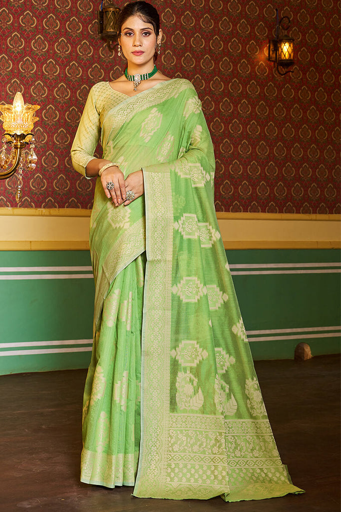 Dissemble Pista Linen Silk Saree With Efflorescence Blouse Piece Bvipul