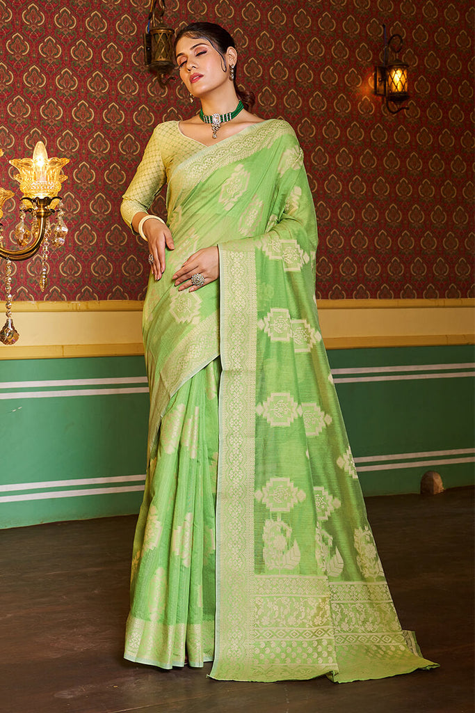 Dissemble Pista Linen Silk Saree With Efflorescence Blouse Piece Bvipul