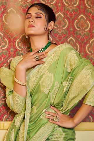 Dissemble Pista Linen Silk Saree With Efflorescence Blouse Piece Bvipul