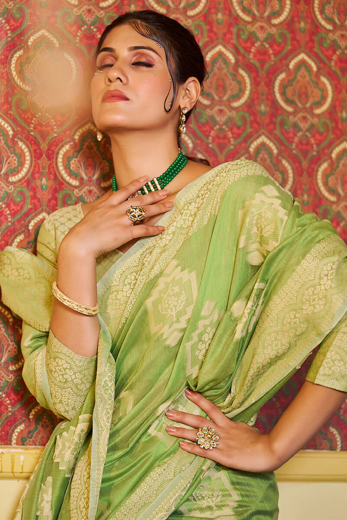 Dissemble Pista Linen Silk Saree With Efflorescence Blouse Piece Bvipul