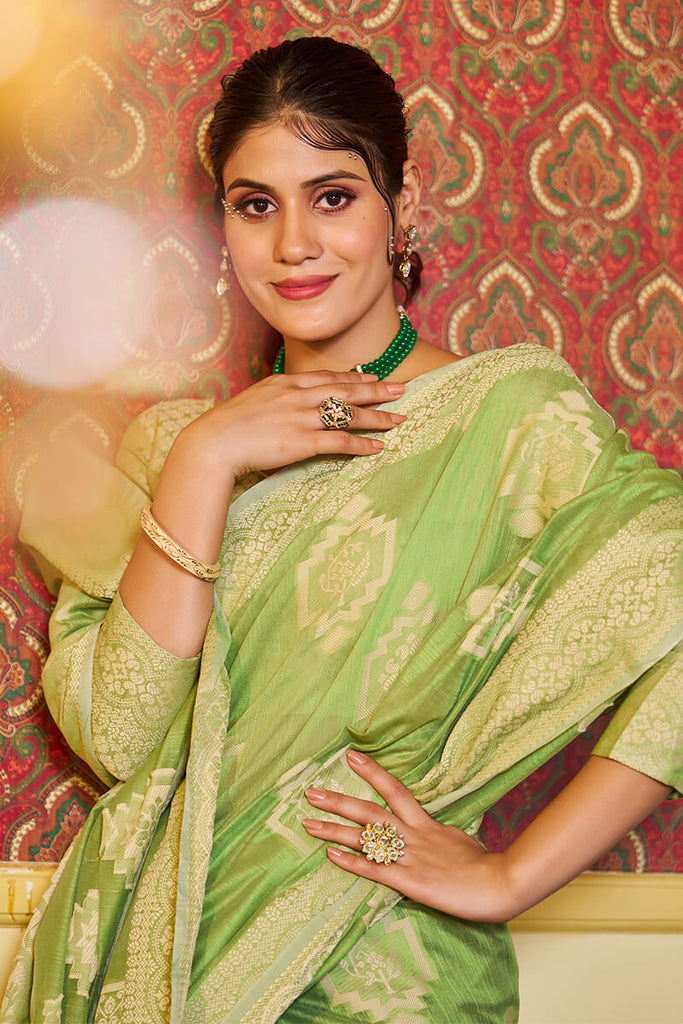 Dissemble Pista Linen Silk Saree With Efflorescence Blouse Piece Bvipul