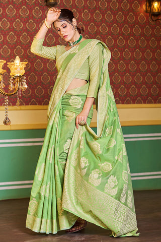 Dissemble Pista Linen Silk Saree With Efflorescence Blouse Piece Bvipul