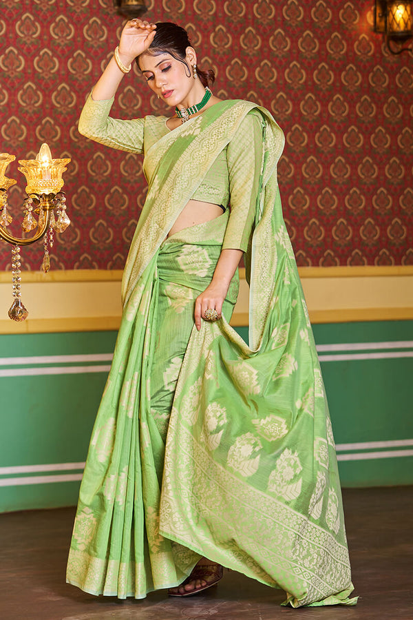 Dissemble Pista Linen Silk Saree With Efflorescence Blouse Piece Bvipul