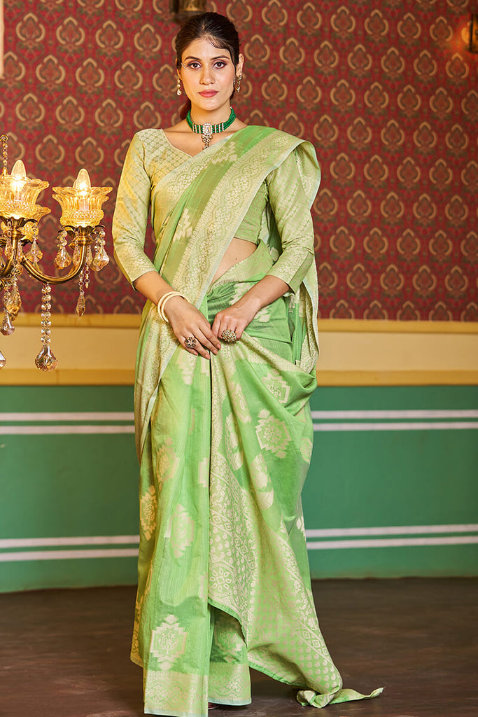 Dissemble Pista Linen Silk Saree With Efflorescence Blouse Piece Bvipul