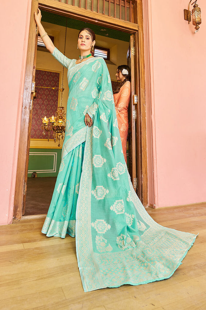 Forbearance Turquoise Linen Silk Saree With Lagniappe Blouse Piece Bvipul