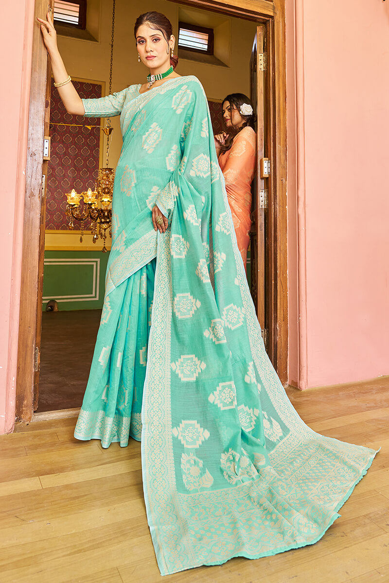 Forbearance Turquoise Linen Silk Saree With Lagniappe Blouse Piece Bvipul Main image