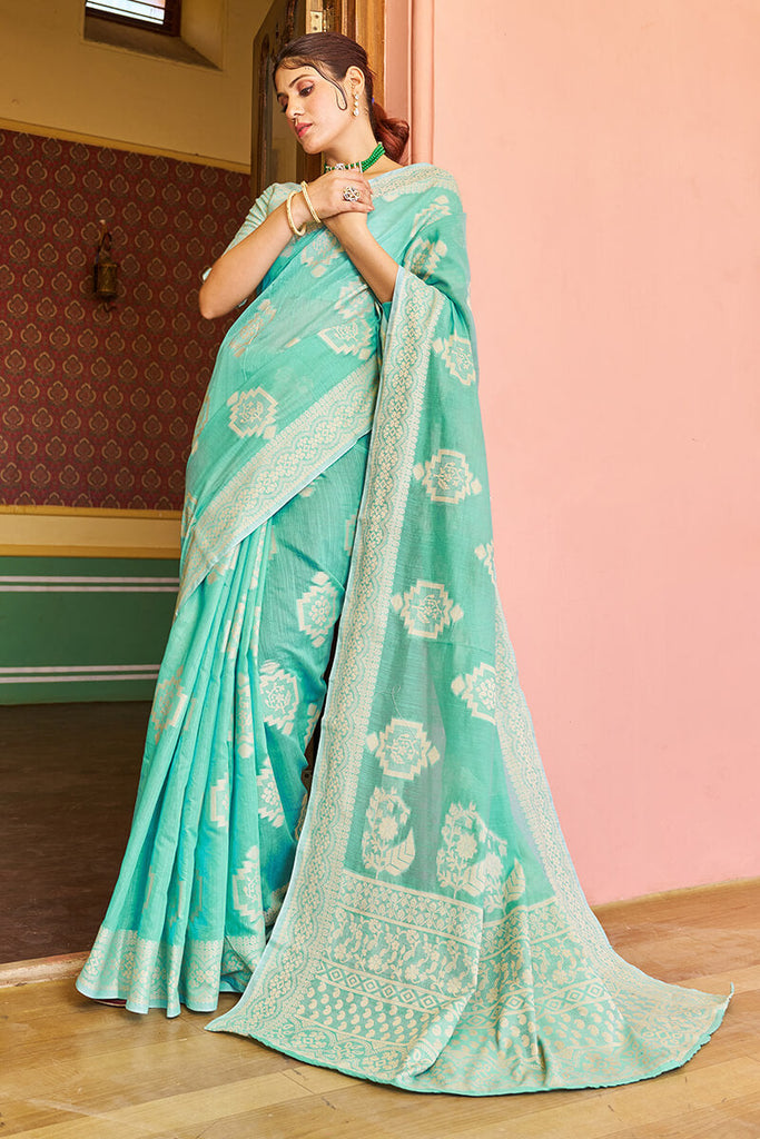 Forbearance Turquoise Linen Silk Saree With Lagniappe Blouse Piece Bvipul