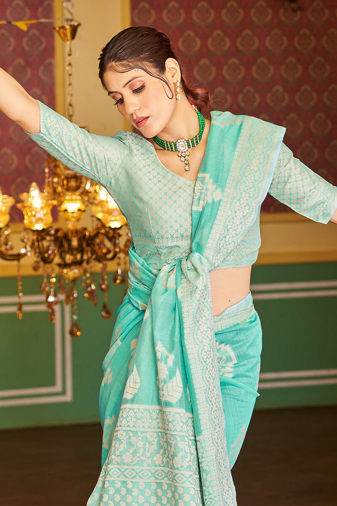 Forbearance Turquoise Linen Silk Saree With Lagniappe Blouse Piece Bvipul