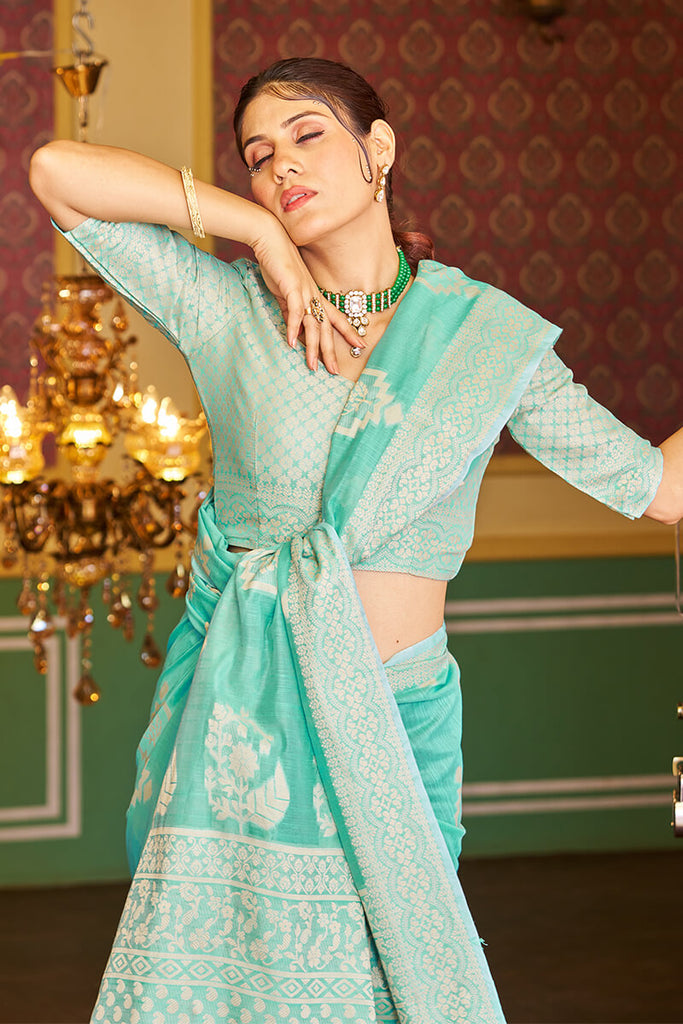 Forbearance Turquoise Linen Silk Saree With Lagniappe Blouse Piece Bvipul