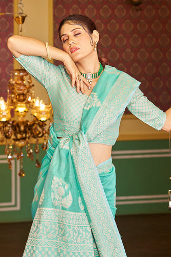 Forbearance Turquoise Linen Silk Saree With Lagniappe Blouse Piece Bvipul