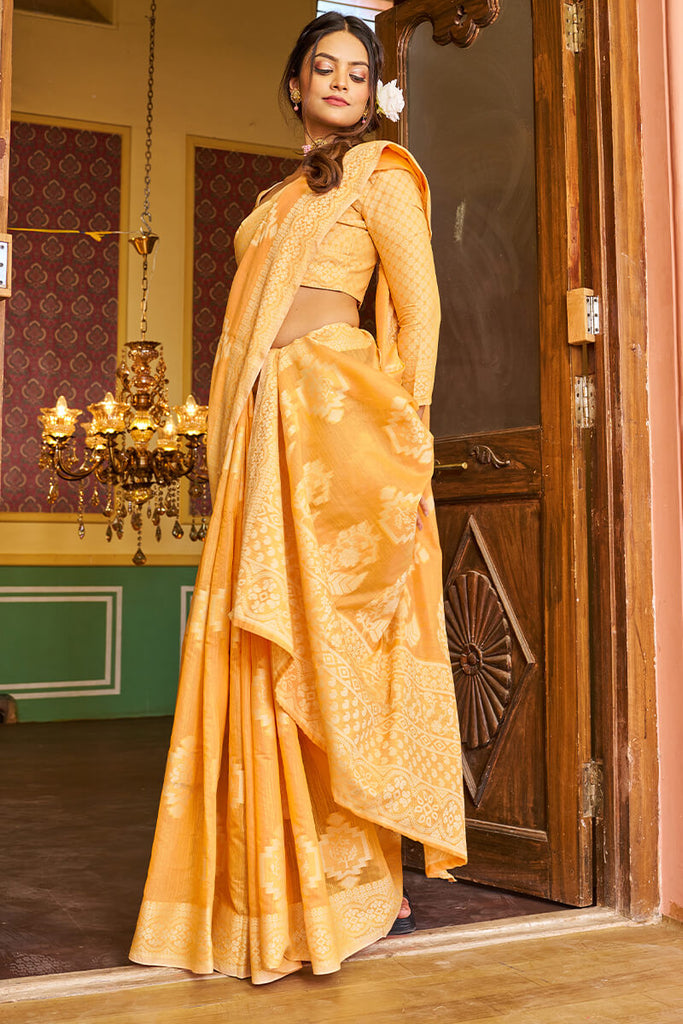 Murmurous Yellow Linen Silk Saree With Propinquity Blouse Piece Bvipul
