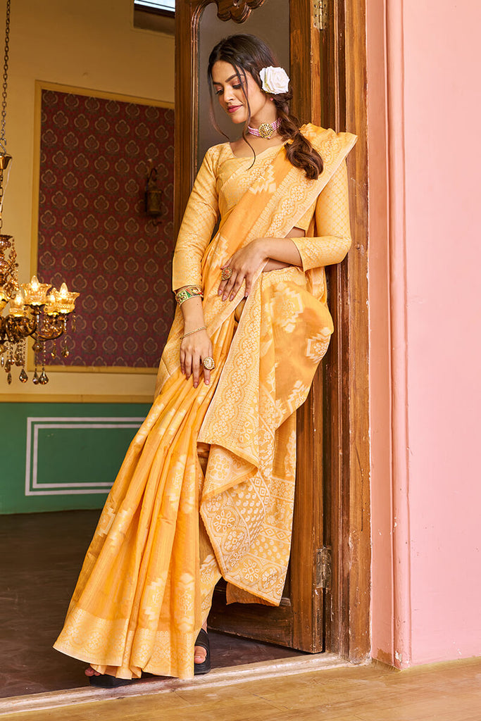 Murmurous Yellow Linen Silk Saree With Propinquity Blouse Piece Bvipul