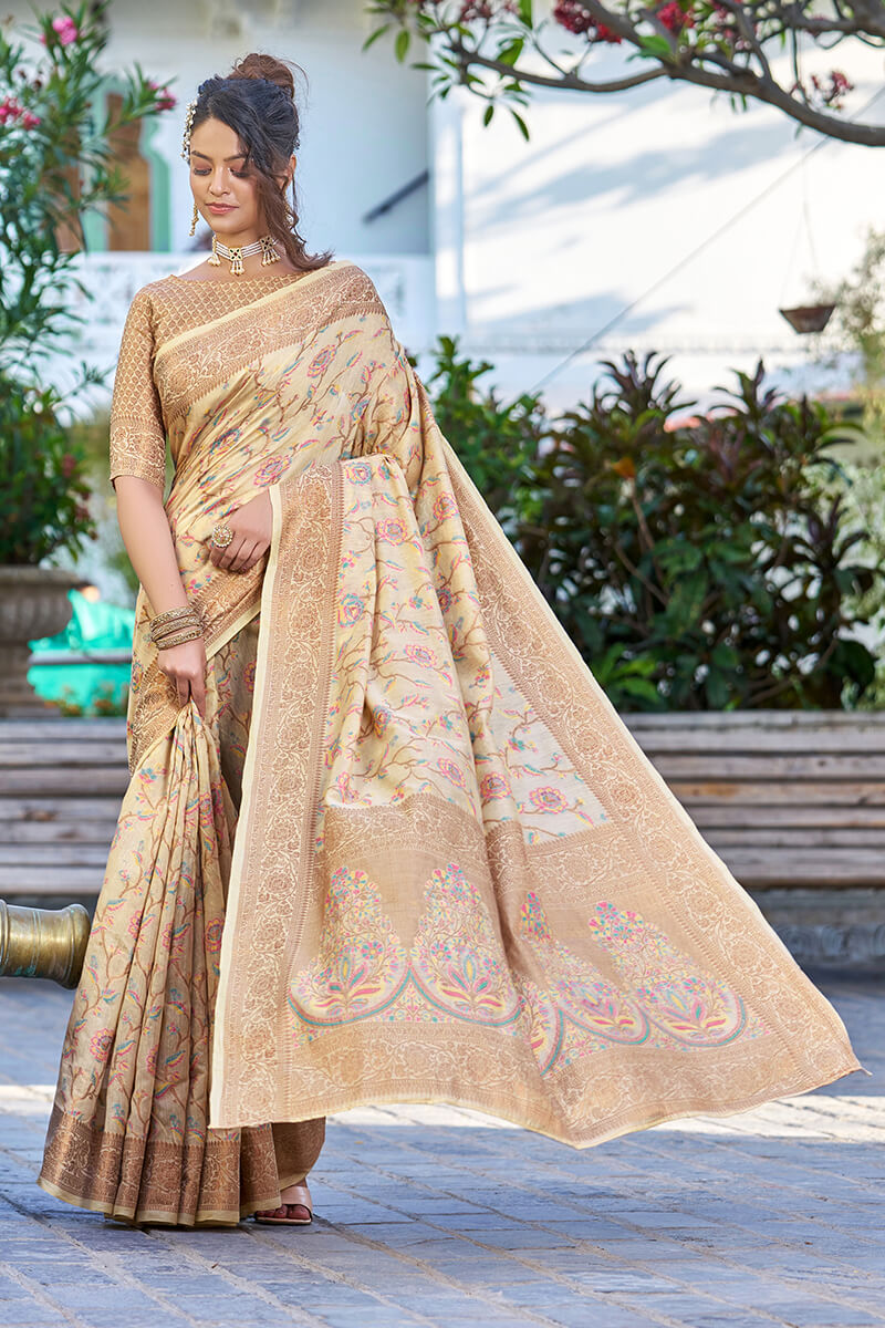 Hypnotic Beige Pashmina saree With Ideal Blouse Piece Bvipul