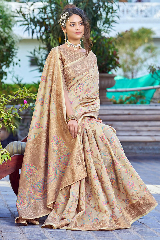 Hypnotic Beige Pashmina saree With Ideal Blouse Piece Bvipul