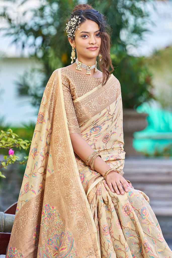 Hypnotic Beige Pashmina saree With Ideal Blouse Piece Bvipul