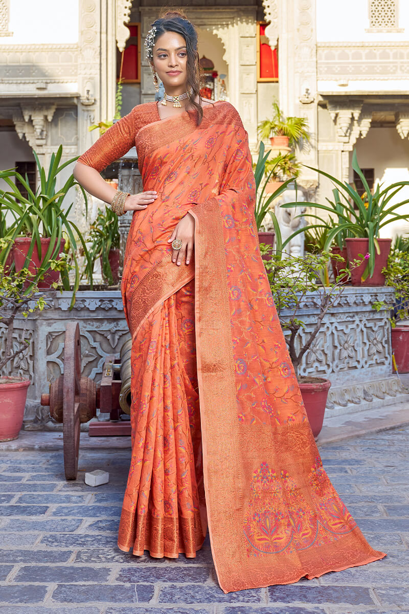 Buy Online Orange and Red Silk Border Contemporary Sari : 69125 -