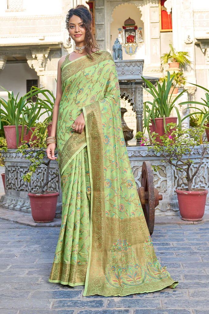 Glorious Pista Pashmina saree With Gossamer Blouse Piece Bvipul