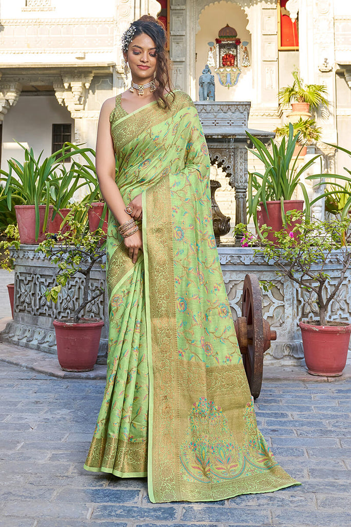 Glorious Pista Pashmina saree With Gossamer Blouse Piece Bvipul