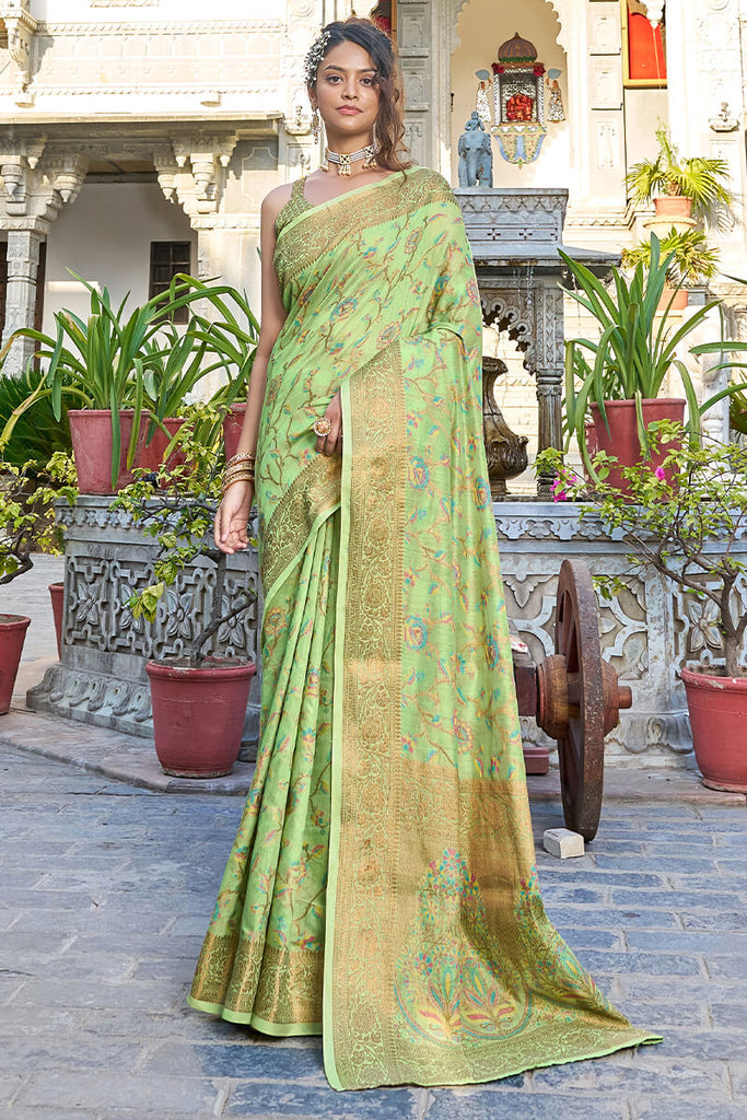 Glorious Pista Pashmina saree With Gossamer Blouse Piece Bvipul