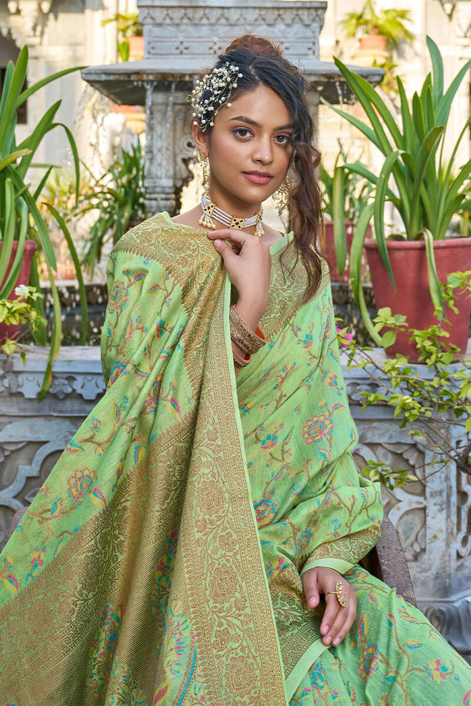 Glorious Pista Pashmina saree With Gossamer Blouse Piece Bvipul