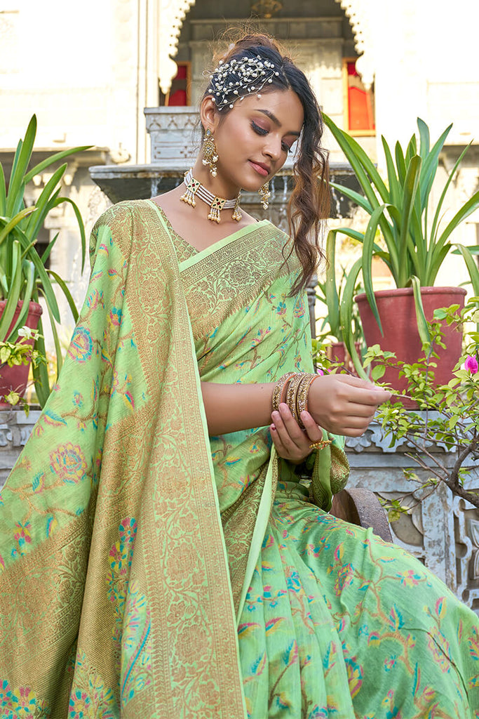 Glorious Pista Pashmina saree With Gossamer Blouse Piece Bvipul