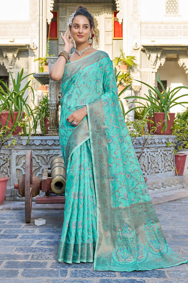 Exceptional Turquoise Pashmina saree With Seraglio Blouse Piece Bvipul