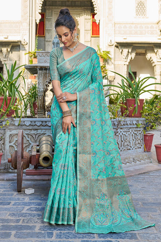 Exceptional Turquoise Pashmina saree With Seraglio Blouse Piece Bvipul