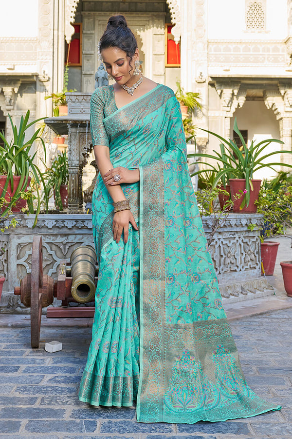 Exceptional Turquoise Pashmina saree With Seraglio Blouse Piece Bvipul