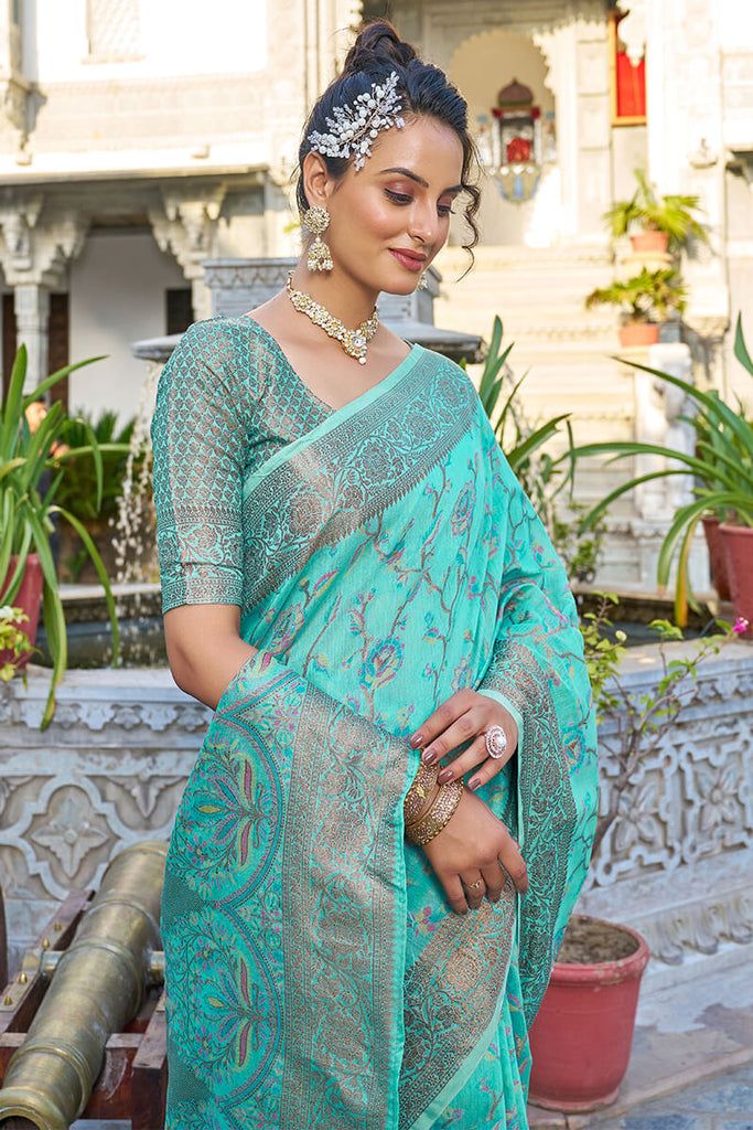 Exceptional Turquoise Pashmina saree With Seraglio Blouse Piece Bvipul