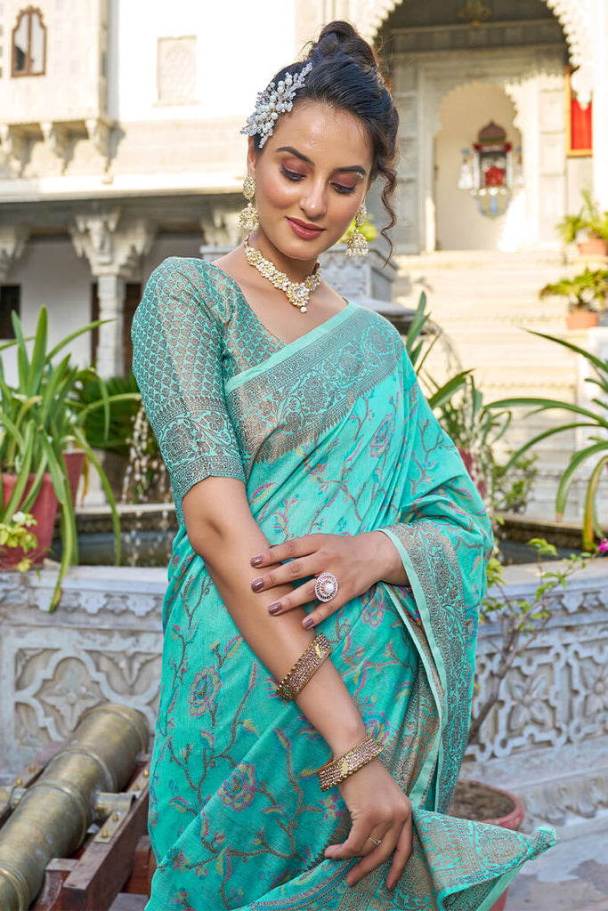 Exceptional Turquoise Pashmina saree With Seraglio Blouse Piece Bvipul