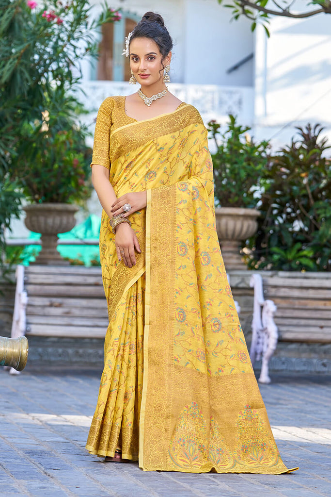 Delightful Yellow Pashmina saree With Seraglio Blouse Piece Bvipul