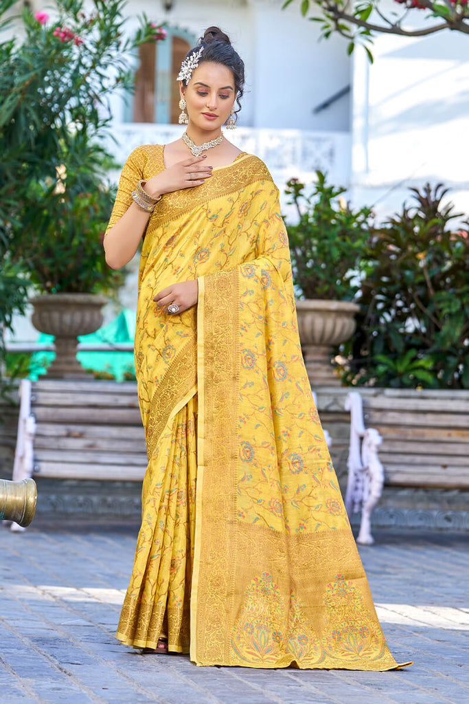 Delightful Yellow Pashmina saree With Seraglio Blouse Piece Bvipul