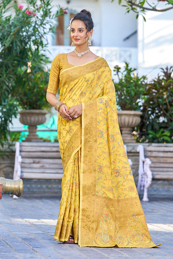 Delightful Yellow Pashmina saree With Seraglio Blouse Piece Bvipul