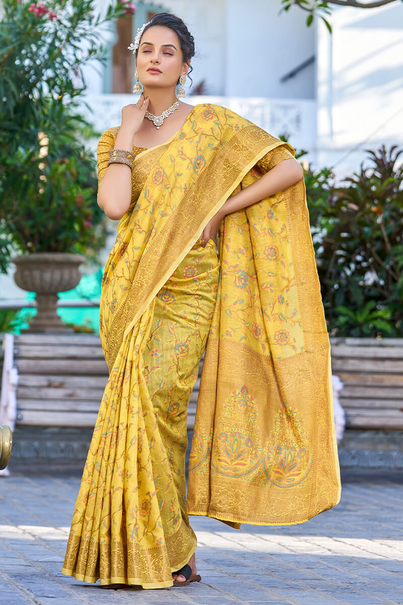 Delightful Yellow Pashmina saree With Seraglio Blouse Piece Bvipul