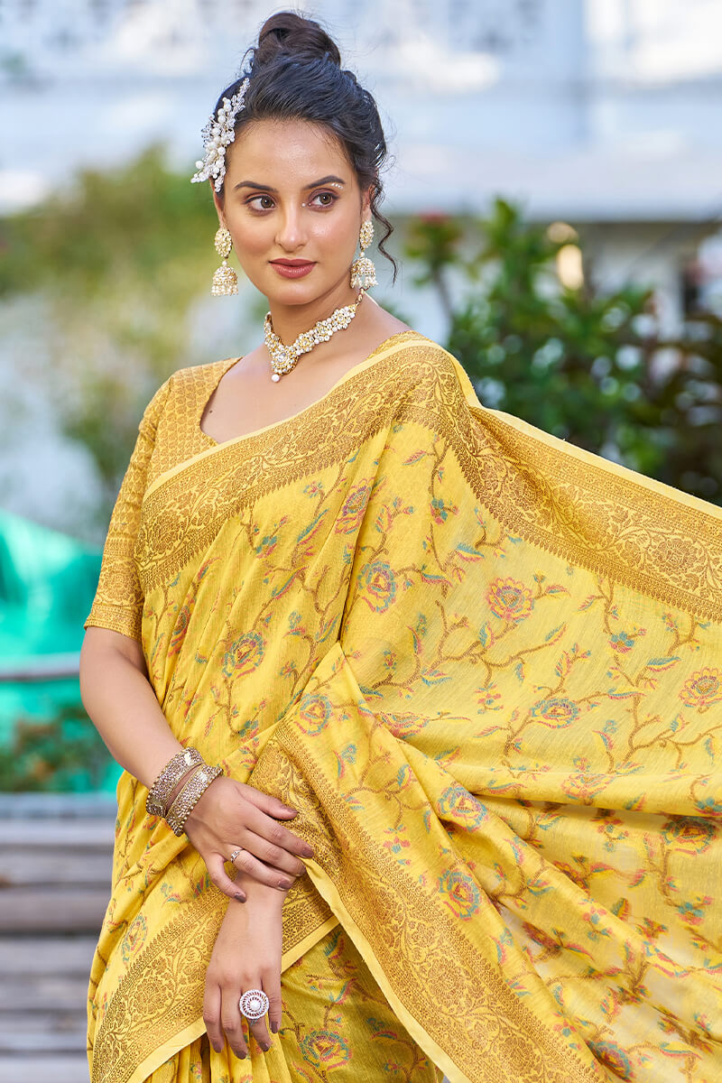 Delightful Yellow Pashmina saree With Seraglio Blouse Piece Bvipul