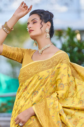 Delightful Yellow Pashmina saree With Seraglio Blouse Piece Bvipul