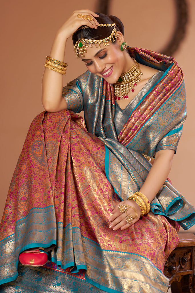 Inspiring Multicolor Kanjivaram Silk Saree With Luxuriant Blouse Piece Bvipul