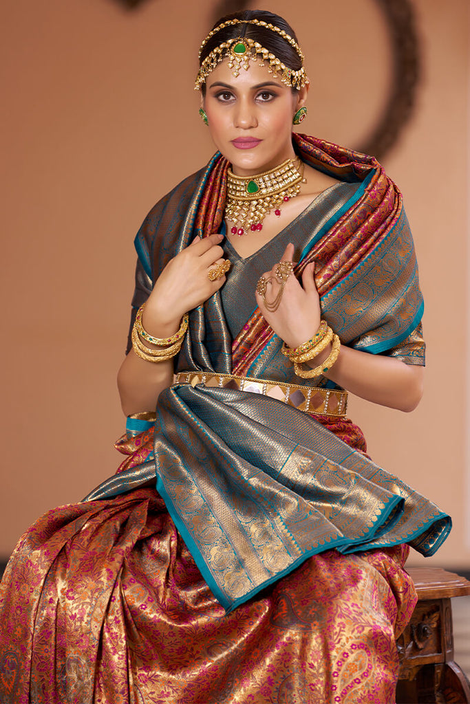 Inspiring Multicolor Kanjivaram Silk Saree With Luxuriant Blouse Piece Bvipul