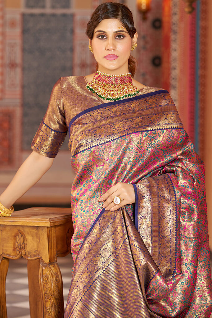 Twirling Multicolor Kanjivaram Silk Saree With Mellifluous Blouse Piece Bvipul