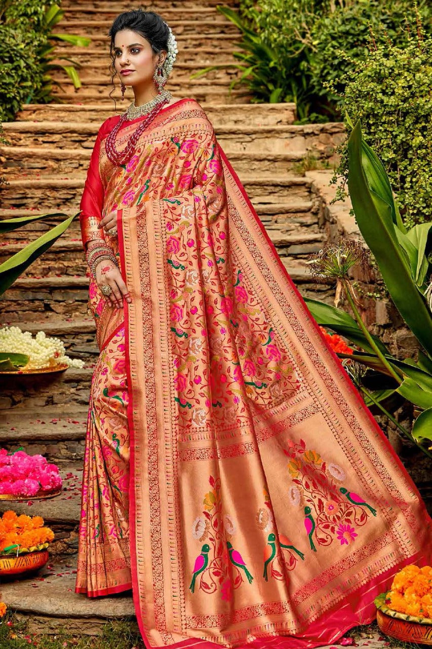 Marvellous Red Paithani Silk Saree With Profuse Blouse Piece Bvipul