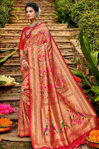 Marvellous Red Paithani Silk Saree With Profuse Blouse Piece Bvipul