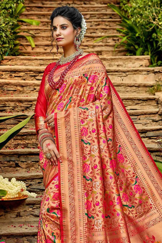 Marvellous Red Paithani Silk Saree With Profuse Blouse Piece Bvipul