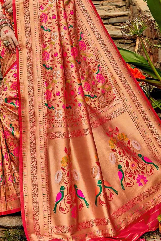 Marvellous Red Paithani Silk Saree With Profuse Blouse Piece Bvipul