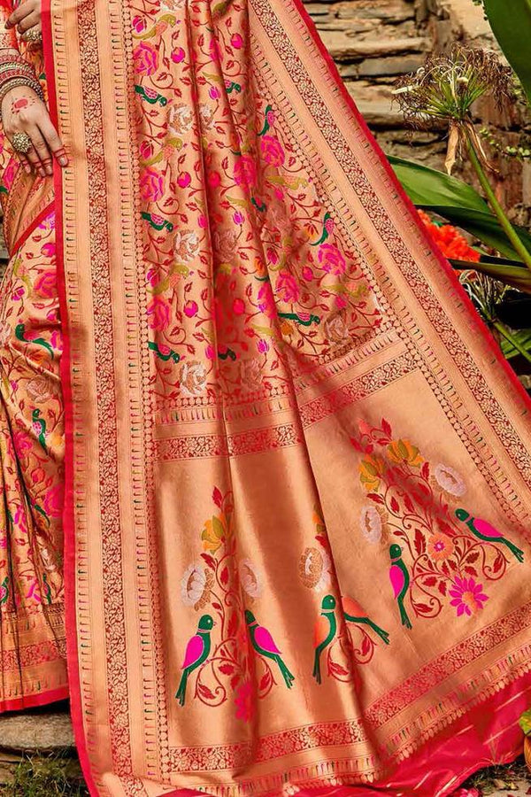 Marvellous Red Paithani Silk Saree With Profuse Blouse Piece Bvipul