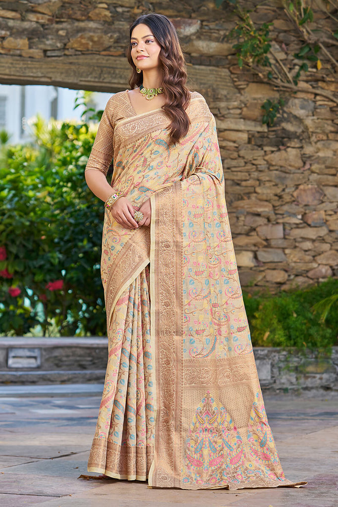 Lissome Beige Pashmina saree With Redolent Blouse Piece Bvipul