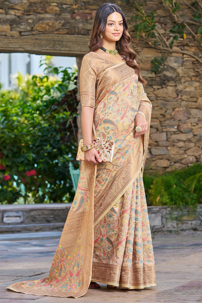 Lissome Beige Pashmina saree With Redolent Blouse Piece Bvipul