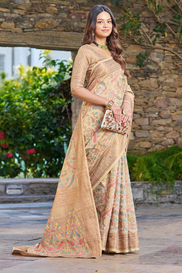 Lissome Beige Pashmina saree With Redolent Blouse Piece Bvipul